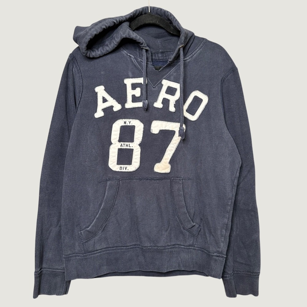 Y2K Aeropostale Mens M Navy Blue Aero 87 Graphic Pullover Hoodie Sweatshirt